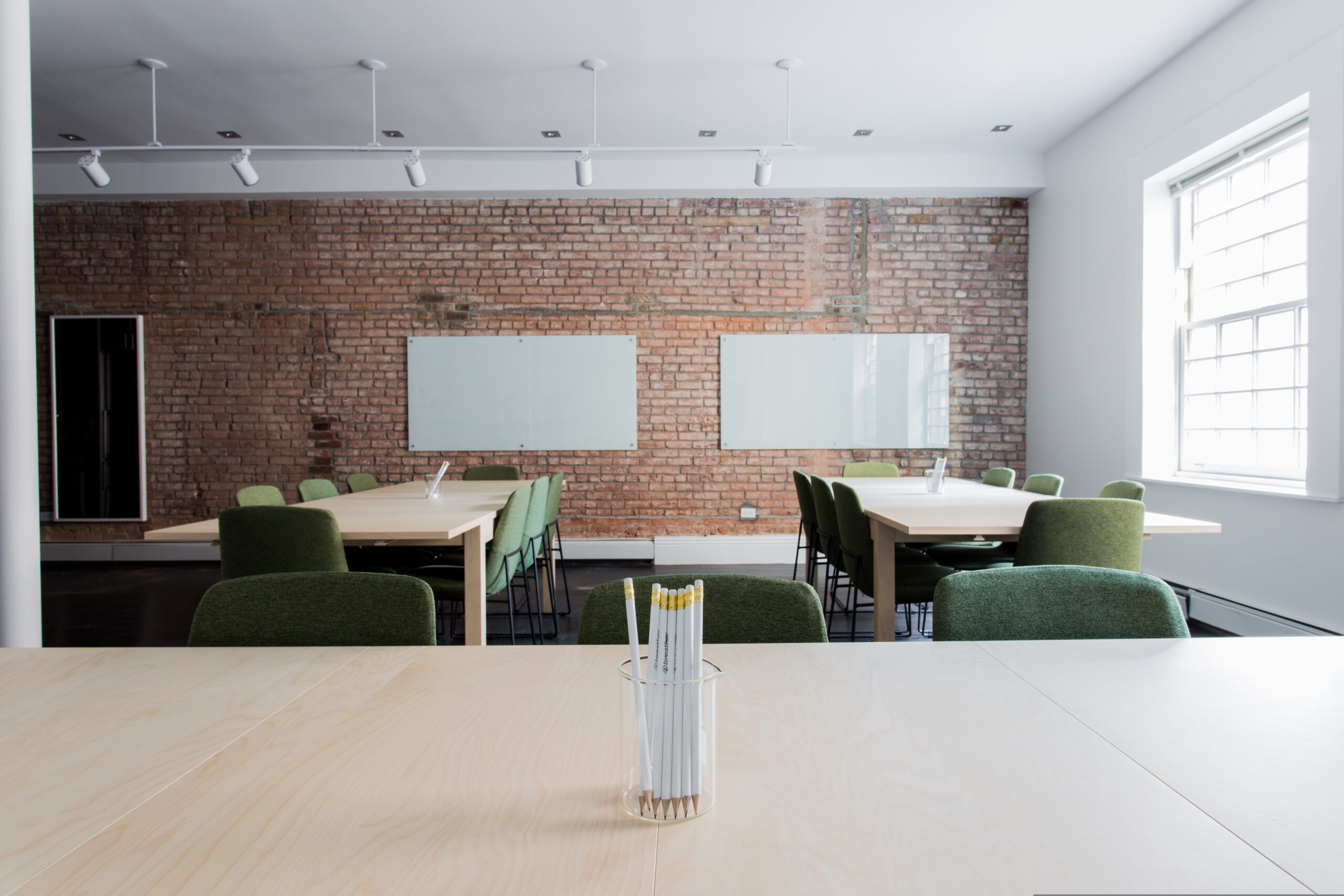 empty classroom with desks and chairs
