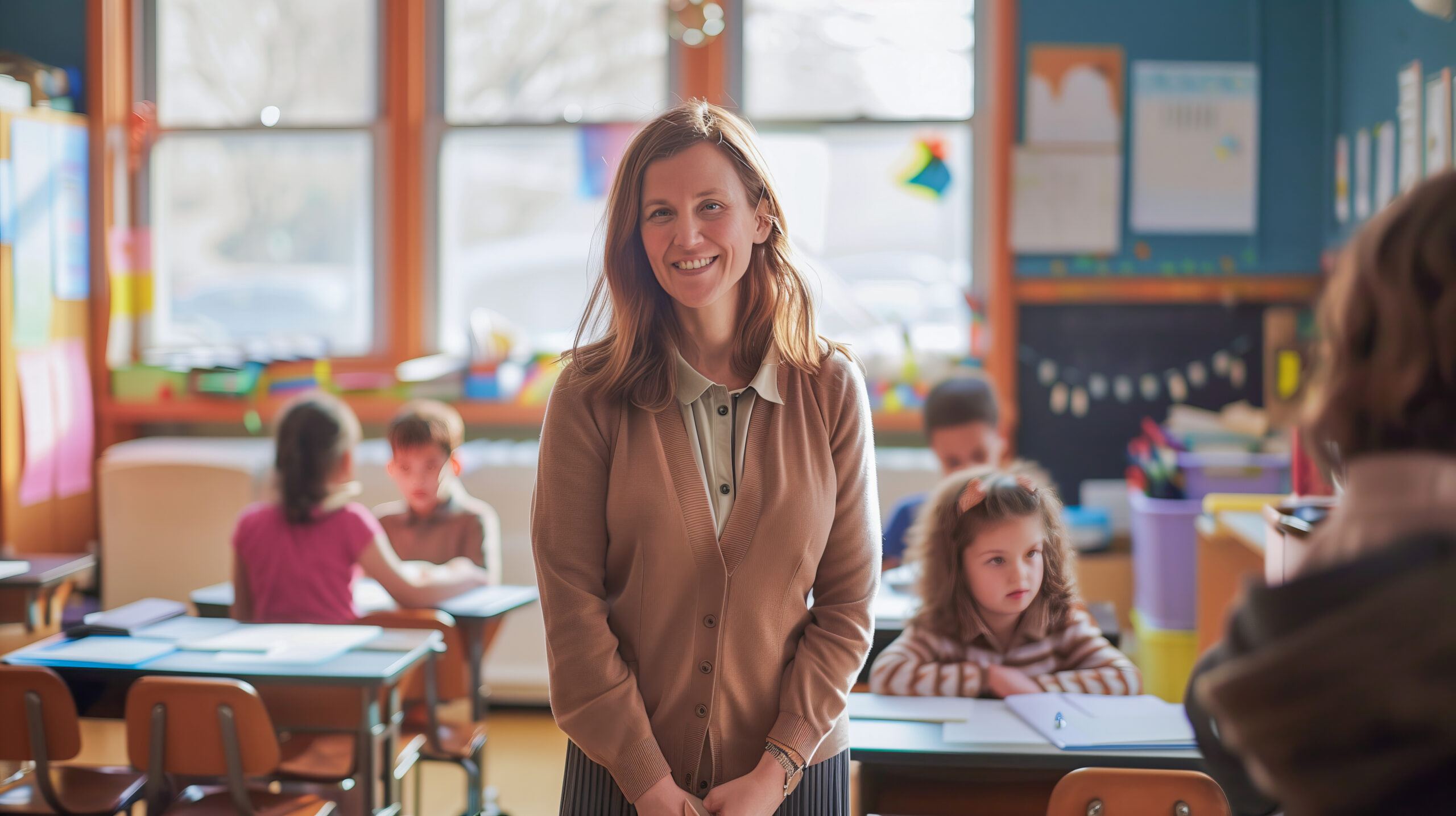 Smiling teacher with kids in a classroom